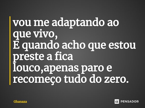 ⁠vou me adaptando ao que vivo, E quando acho que estou preste a fica louco,apenas paro e recomeço tudo do zero.... Frase de Ghanaza.