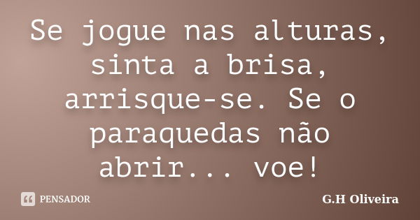 Se jogue nas alturas, sinta a brisa, arrisque-se. Se o paraquedas não abrir... voe!... Frase de G.H Oliveira.