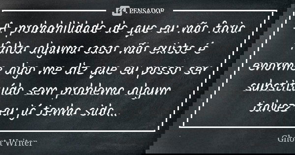A probabilidade de que eu não faria falta alguma caso não existe é enorme algo me diz que eu posso ser substituído sem problema algum talvez eu já tenha sido…... Frase de Ghost Writer.