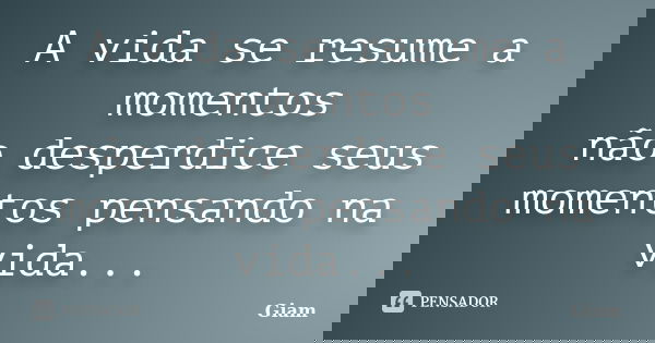 A vida se resume a momentos não desperdice seus momentos pensando na vida...... Frase de GIAM.