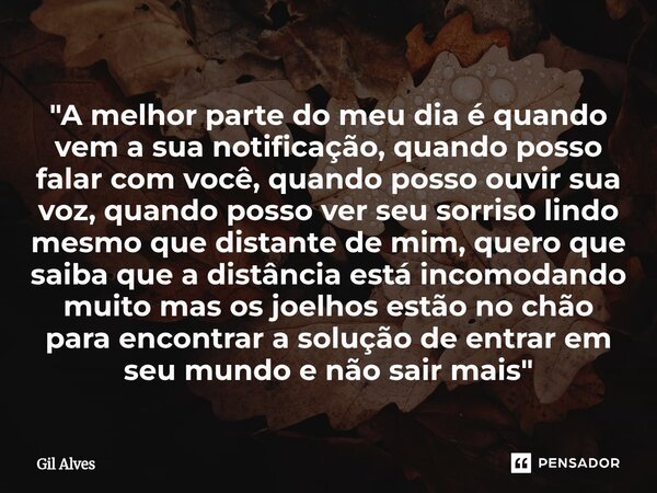 "A melhor parte do meu dia é quando vem a sua notificação, quando posso falar com você, quando posso ouvir sua voz, quando posso ver seu sorriso lindo mes... Frase de Gil alves.