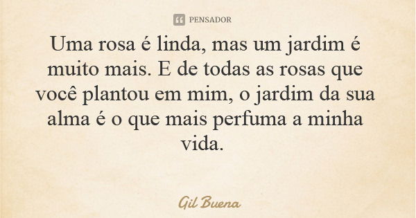 Uma rosa é linda, mas um jardim é muito mais. E de todas as rosas que você plantou em mim, o jardim da sua alma é o que mais perfuma a minha vida.... Frase de Gil Buena.