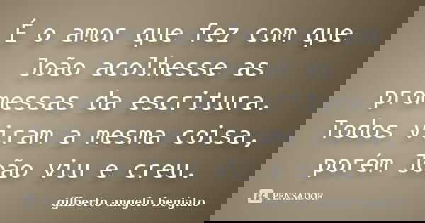 É o amor que fez com que João acolhesse as promessas da escritura. Todos viram a mesma coisa, porém João viu e creu.... Frase de Gilberto Ângelo Begiato.
