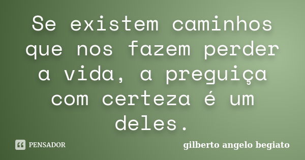 Se existem caminhos que nos fazem perder a vida, a preguiça com certeza é um deles.... Frase de Gilberto Ângelo Begiato.