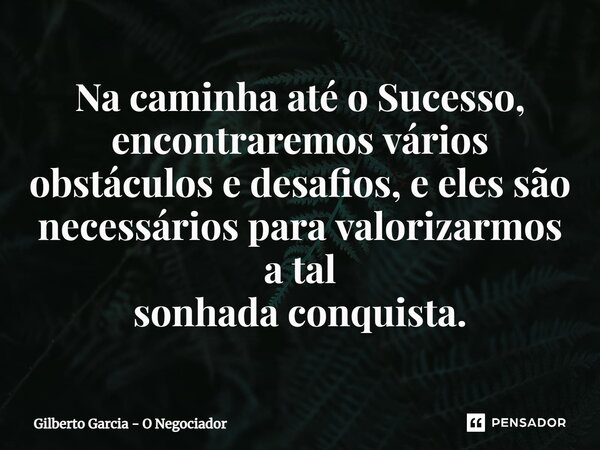 ⁠Na caminha até o Sucesso, encontraremos vários obstáculos e desafios, e eles são necessários para valorizarmos a tal sonhada conquista.... Frase de Gilberto Garcia - O Negociador.