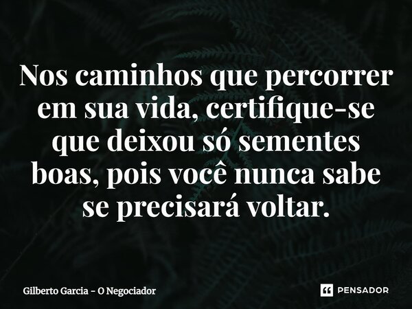 ⁠Nos caminhos que percorrer em sua vida, certifique-se que deixou só sementes boas, pois você nunca sabe se precisará voltar.... Frase de Gilberto Garcia - O Negociador.