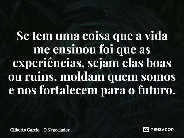 ⁠Se tem uma coisa que a vida me ensinou foi que as experiências, sejam elas boas ou ruins, moldam quem somos e nos fortalecem para o futuro.... Frase de Gilberto Garcia - O Negociador.