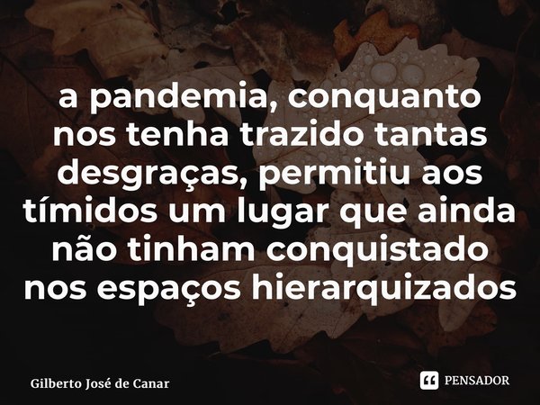 ⁠a pandemia, conquanto nos tenha trazido tantas desgraças, permitiu aos tímidos um lugar que ainda não tinham conquistado nos espaços hierarquizados... Frase de Gilberto José de Camargo.