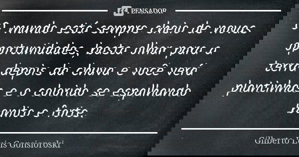 O mundo está sempre cheio de novas oportunidades, basta olhar para a terra depois da chuva e você verá plantinhas e o colorido se espalhando bonito e forte.... Frase de Gilberto Luis Gonsioroski.