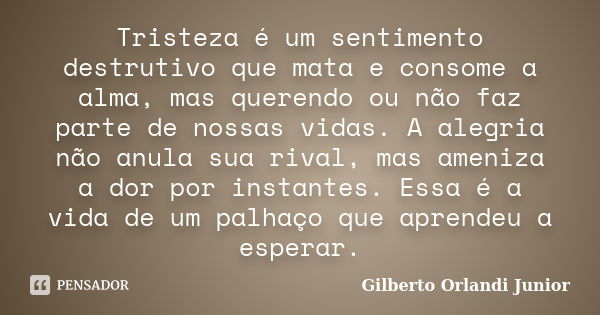 Tristeza é um sentimento destrutivo que mata e consome a alma, mas querendo ou não faz parte de nossas vidas. A alegria não anula sua rival, mas ameniza a dor p... Frase de Gilberto Orlandi Junior.