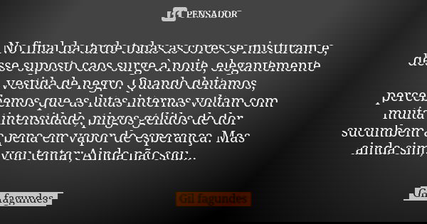 No final da tarde todas as cores se misturam e, desse suposto caos surge à noite, elegantemente vestida de negro. Quando deitamos, percebemos que as lutas inter... Frase de Gil fagundes.