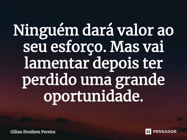 ⁠Ninguém dará valor ao seu esforço. Mas vai lamentar depois ter perdido uma grande oportunidade.... Frase de Gilian Houliem Pereira.