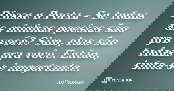 Disse o Poeta – Se todas as minhas poesias são pra você? Sim, elas são todas pra você. Então, sinta-se importante.... Frase de Gil Nunes.