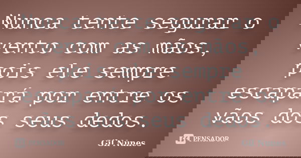 Nunca tente segurar o vento com as mãos, pois ele sempre escapará por entre os vãos dos seus dedos.... Frase de Gil Nunes.