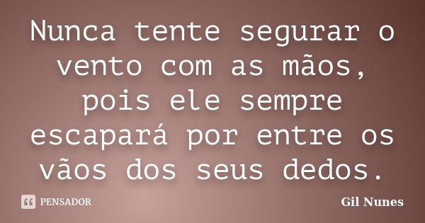 Nunca tente segurar o vento com as mãos, pois ele sempre escapará por entre os vãos dos seus dedos.... Frase de Gil Nunes.