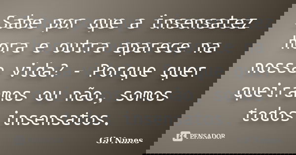 Sabe por que a insensatez hora e outra aparece na nossa vida? - Porque quer queiramos ou não, somos todos insensatos.... Frase de Gil Nunes.