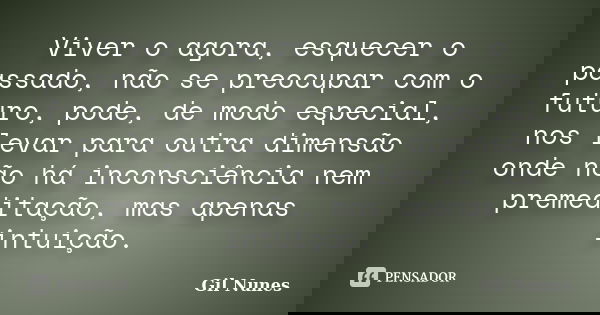 Viver o agora, esquecer o passado, não se preocupar com o futuro, pode, de modo especial, nos levar para outra dimensão onde não há inconsciência nem premeditaç... Frase de Gil Nunes.