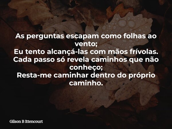 As perguntas escapam como folhas ao vento; Eu tento alcançá-las com mãos frívolas. Cada passo só revela caminhos que não conheço; Resta-me caminhar dentro do pr... Frase de Gilson B Ittencourt.