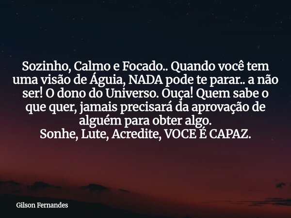 Sozinho, Calmo e Focado.. Quando você tem uma visão de Águia, NADA pode te parar.. a não ser! O dono do Universo. Ouça! Quem sabe o que quer, jamais precisará d... Frase de Gilson Fernandes.