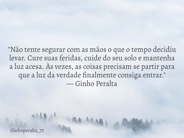 "Não tente segurar com as mãos o que o tempo decidiu levar. Cure suas feridas, cuide do seu solo e mantenha a luz acesa. Às vezes, as coisas precisam se pa... Frase de Ginhoperalta_77.