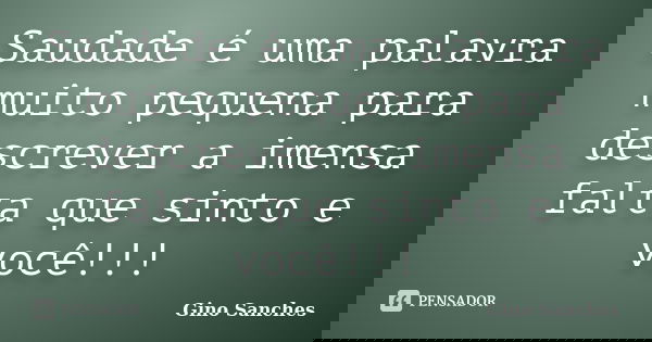Saudade é uma palavra muito pequena para descrever a imensa falta que sinto e você!!!... Frase de Gino Sanches.