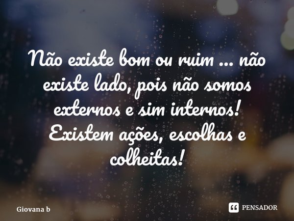 ⁠Não existe bom ou ruim ... não existe lado, pois não somos externos e sim internos! Existem ações, escolhas e colheitas!... Frase de Giovana Barbosa.