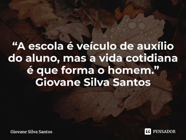 ⁠“A escola é veículo de auxílio do aluno, mas a vida cotidiana é que forma o homem.” Giovane Silva Santos... Frase de Giovane Silva Santos.