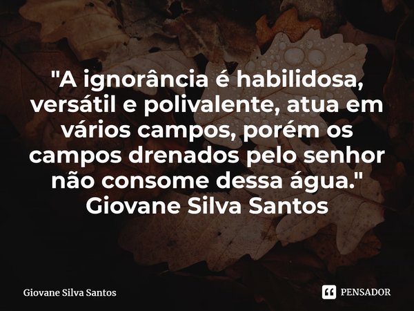 ⁠"A ignorância é habilidosa, versátil e polivalente, atua em vários campos, porém os campos drenados pelo senhor não consome dessa água." Giovane Silv... Frase de Giovane Silva Santos.