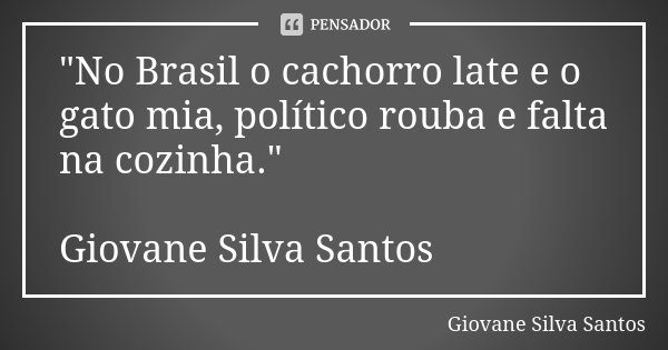 "No Brasil o cachorro late e o gato mia, político rouba e falta na cozinha." Giovane Silva Santos... Frase de Giovane Silva Santos.
