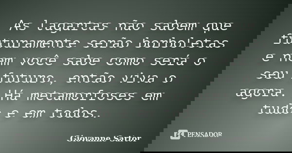 As lagartas não sabem que futuramente serão borboletas e nem você sabe como será o seu futuro, então viva o agora. Há metamorfoses em tudo e em todos.... Frase de Giovanne Sartor.