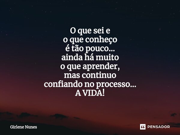 ⁠O que sei e o que conheço é tão pouco... ainda há muito o que aprender, mas continuo confiando no processo... A VIDA!... Frase de Girlene Nunes.
