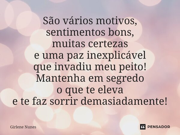 ⁠São vários motivos, sentimentos bons, muitas certezas e uma paz inexplicável que invadiu meu peito! Mantenha em segredo o que te eleva e te faz sorrir demasiad... Frase de Girlene Nunes.