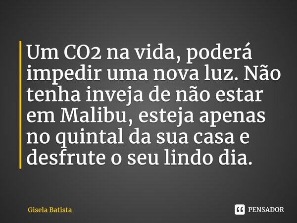 ⁠Um CO2 na vida, poderá impedir uma nova luz. Não tenha inveja de não estar em Malibu, esteja apenas no quintal da sua casa e desfrute o seu lindo dia.... Frase de Gisela Batista.