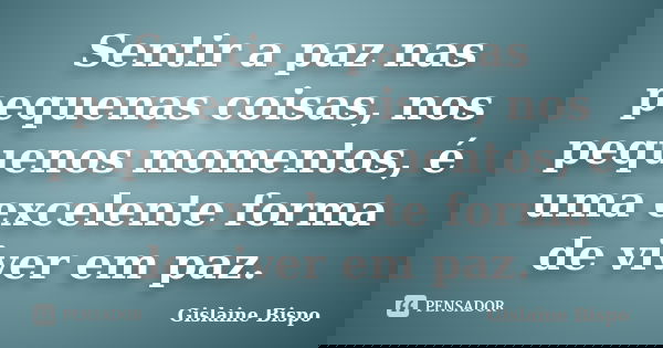 Sentir a paz nas pequenas coisas, nos pequenos momentos, é uma excelente forma de viver em paz.... Frase de Gislaine Bispo.