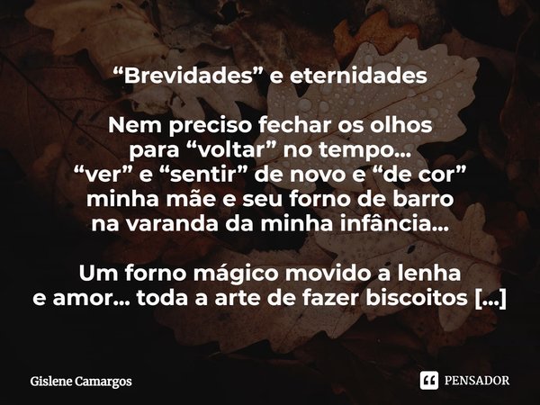 ⁠“Brevidades” e eternidades Nem preciso fechar os olhos
para “voltar” no tempo...
“ver” e “sentir” de novo e “de cor”
minha mãe e seu forno de barro
na varanda ... Frase de Gislene Camargos.