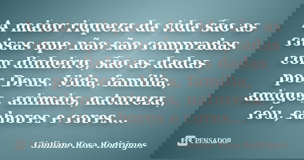 A maior riqueza da vida são as coisas que não são compradas com dinheiro, são as dadas por Deus. Vida, família, amigos, animais, natureza, céu, sabores e cores.... Frase de Giuliano Rosa Rodrigues.
