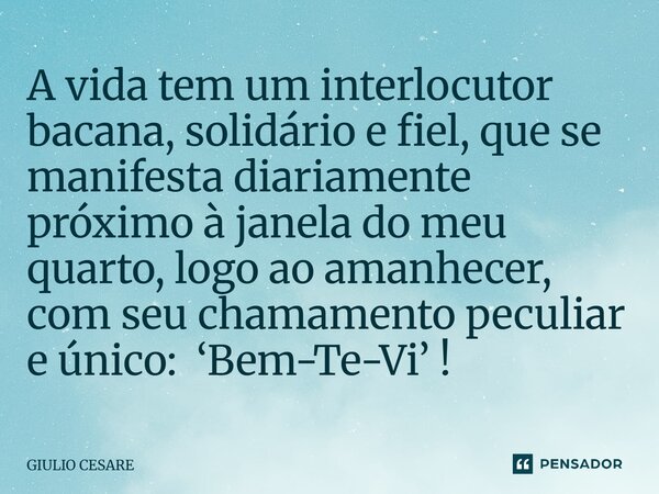 ⁠A vida tem um interlocutor bacana, solidário e fiel, que se manifesta diariamente próximo à janela do meu quarto, logo ao amanhecer, com seu chamamento peculia... Frase de Giulio Cesare.