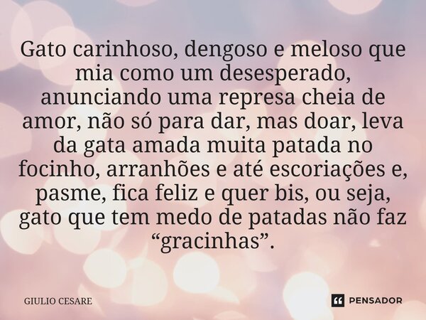 ⁠Gato carinhoso, dengoso e meloso que mia como um desesperado, anunciando uma represa cheia de amor, não só para dar, mas doar, leva da gata amada muita patada ... Frase de Giulio Cesare.