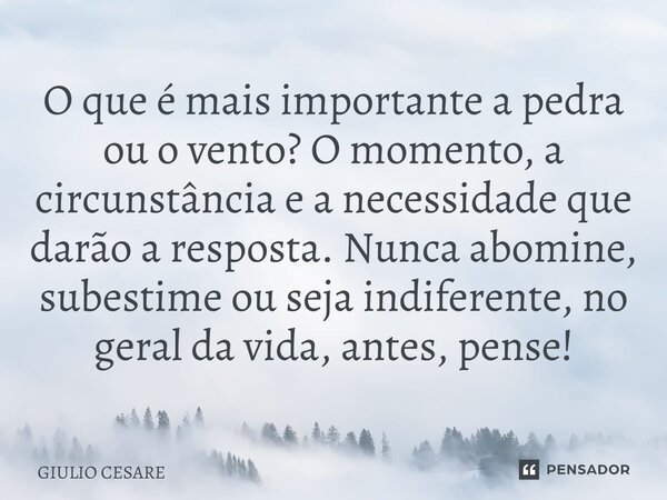 ⁠O que é mais importante a pedra ou o vento? O momento, a circunstância e a necessidade que darão a resposta. Nunca abomine, subestime ou seja indiferente, no g... Frase de Giulio Cesare.