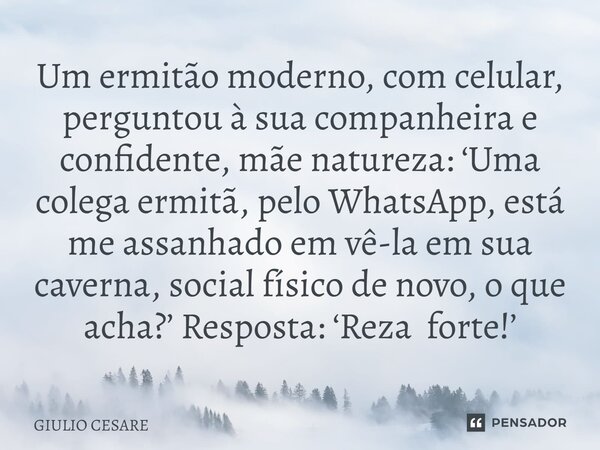 ⁠Um ermitão moderno, com celular, perguntou à sua companheira e confidente, mãe natureza: ‘Uma colega ermitã, pelo WhatsApp, está me assanhado em vê-la em sua c... Frase de Giulio Cesare.