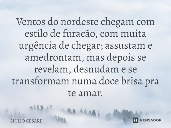 ⁠Ventos do nordeste chegam com estilo de furacão, com muita urgência de chegar; assustam e amedrontam, mas depois se revelam, desnudam e se transformam numa doc... Frase de Giulio Cesare.