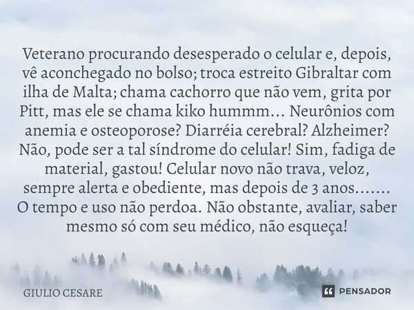 ⁠Veterano procurando desesperado o celular e, depois, vê aconchegado no bolso; troca estreito Gibraltar com ilha de Malta; chama cachorro que não vem, grita por... Frase de Giulio Cesare.