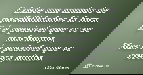 Existe um mundo de possibilidades lá fora. E é possivel que vc se machuque, Mas é possivel que vc cresça muito.... Frase de Giza Nunes.