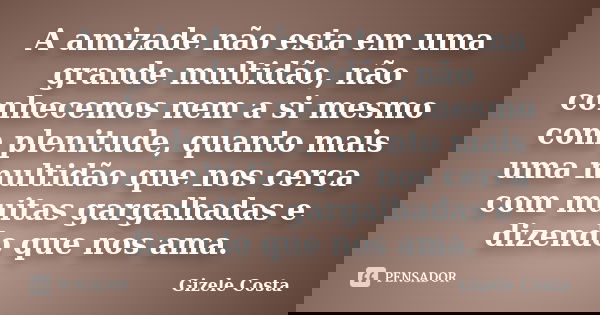 A amizade não esta em uma grande multidão, não conhecemos nem a si mesmo com plenitude, quanto mais uma multidão que nos cerca com muitas gargalhadas e dizendo ... Frase de Gizele Costa.