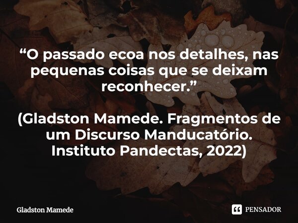 ⁠“O passado ecoa nos detalhes, nas pequenas coisas que se deixam reconhecer.” (Gladston Mamede. Fragmentos de um Discurso Manducatório. Instituto Pandectas, 202... Frase de Gladston Mamede.