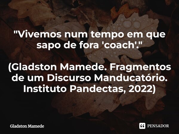 ⁠"Vivemos num tempo em que sapo de fora 'coach'." (Gladston Mamede. Fragmentos de um Discurso Manducatório. Instituto Pandectas, 2022)... Frase de Gladston Mamede.