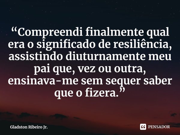 “Compreendi finalmente qual era o significado de resiliência, assistindo diuturnamente meu pai que, vez ou outra, ensinava-me sem sequer saber que o fizera.”... Frase de Gladston Ribeiro Jr..