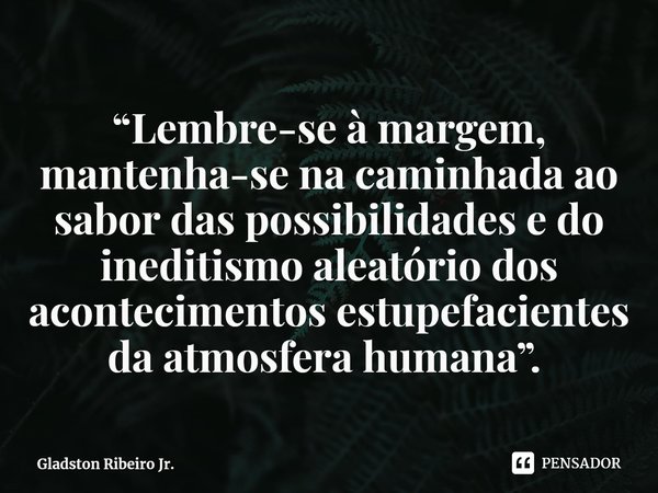 “Lembre-se à margem, mantenha-se na caminhada ao sabor das possibilidades e do ineditismo aleatório dos acontecimentos estupefacientes da atmosfera humana”. ⁠... Frase de Gladston Ribeiro Jr..