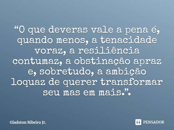 ⁠“O que deveras vale a pena é, quando menos, a tenacidade voraz, a resiliência contumaz, a obstinação apraz e, sobretudo, a ambição loquaz de querer transformar... Frase de Gladston Ribeiro Jr..