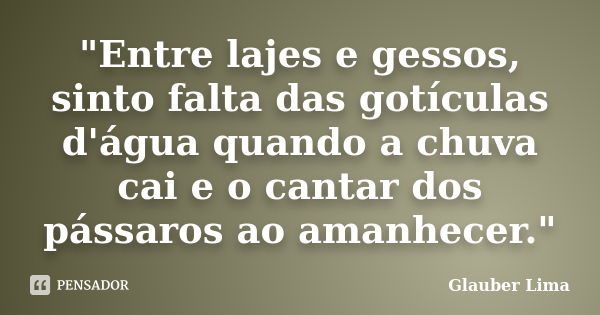 "Entre lajes e gessos, sinto falta das gotículas d'água quando a chuva cai e o cantar dos pássaros ao amanhecer."... Frase de Glauber Lima.